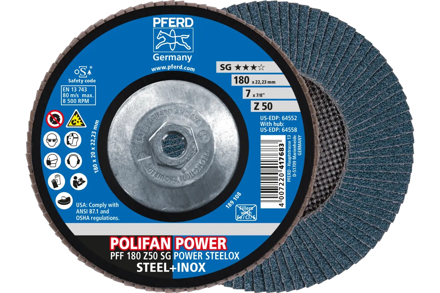 Picture of Pferd Flap Disc, 7" x 5/8-11, Z SG Power Steelox, 50 Grit, T27, Flat, Zirconia
